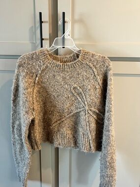 American Eagle Outfitters Beige Cropped Bow-Accent Crewneck Sweater